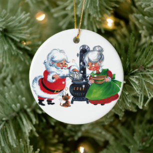 retro vintage Christmas Santa Mrs. Claus Ceramic Ornament