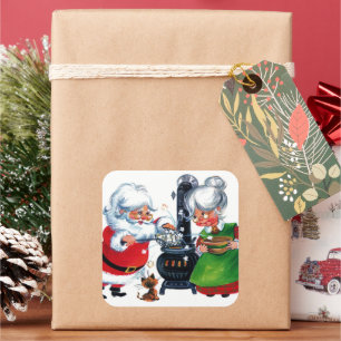 retro vintage Christmas Santa Mrs. Claus Square Sticker