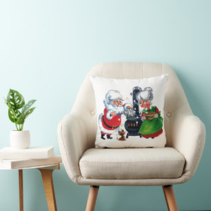 retro vintage Christmas Santa Mrs. Claus  Throw Pillow