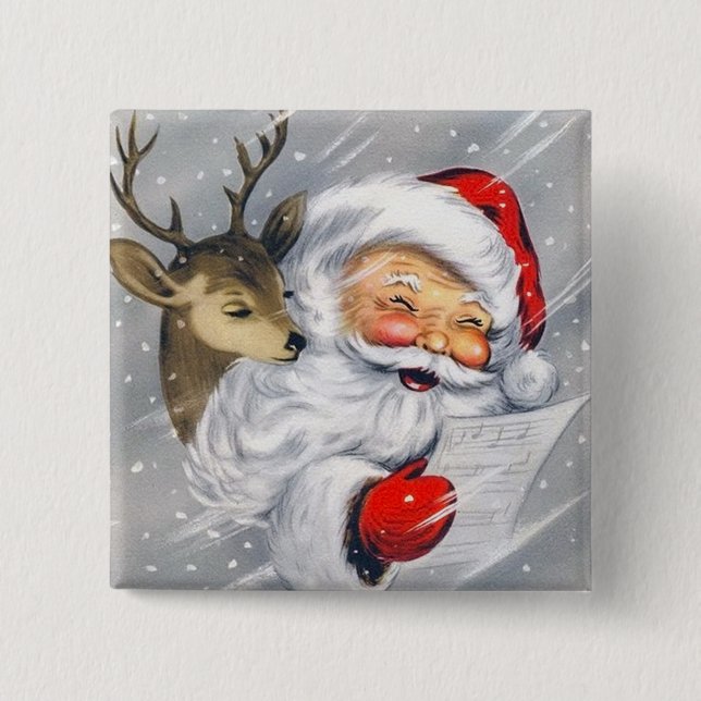 Retro vintage Christmas Santa reindeer button (Front)