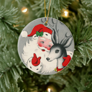 Retro vintage Christmas Santa reindeer Holiday Ceramic Ornament