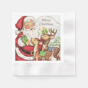retro vintage Christmas Santa reindeer Holiday Napkin