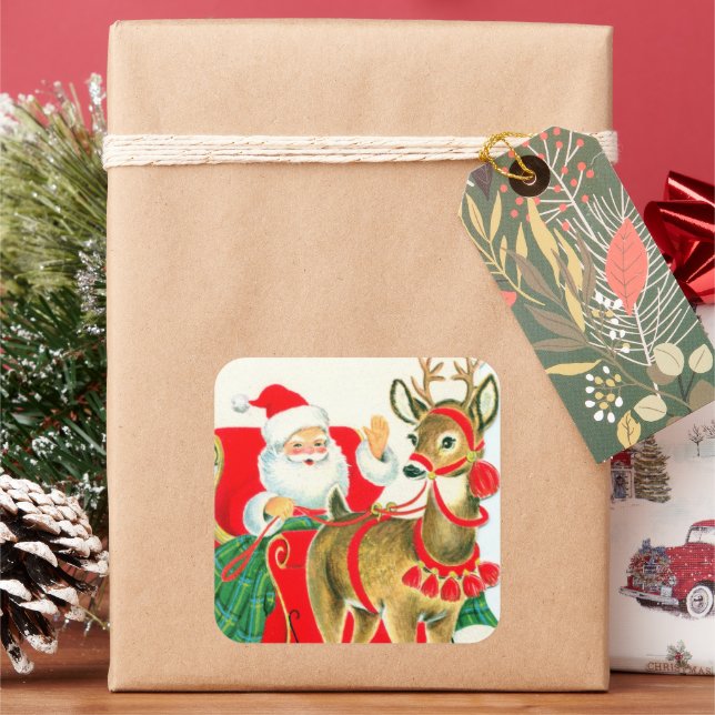 retro vintage Christmas Santa reindeer Holiday Square Sticker (Holiday)