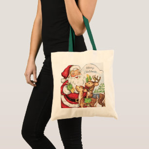 retro vintage Christmas Santa reindeer Holiday Tote Bag
