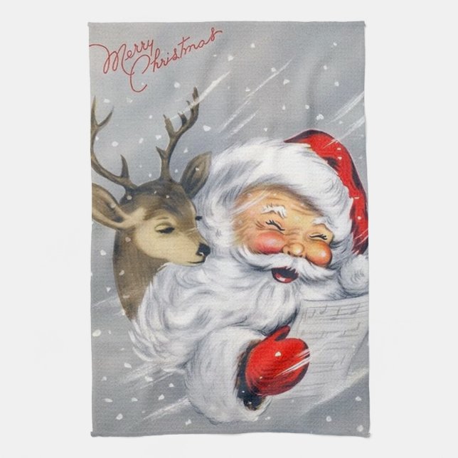 retro vintage Christmas Santa reindeer Kitchen Towel (Vertical)