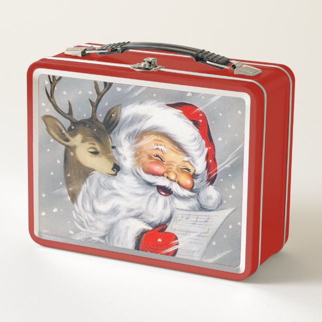 Retro vintage Christmas Santa reindeer lunch box (Front)