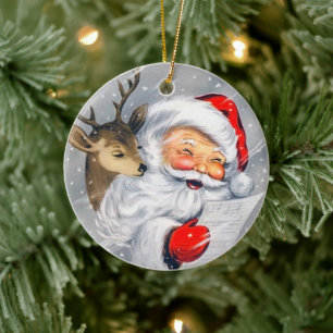 Retro vintage Christmas Santa reindeer ornament