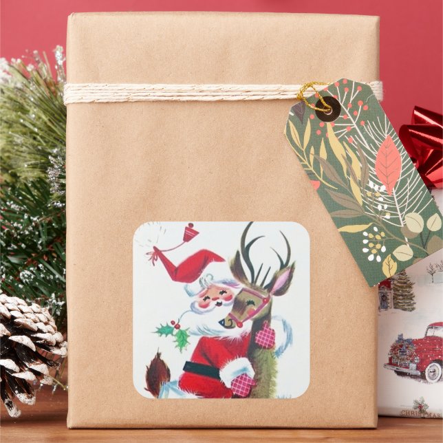 Retro vintage Christmas Santa reindeer sticker (Holiday)