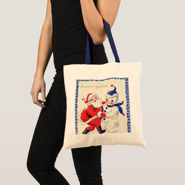 retro vintage Christmas Santa snowman Holiday Tote Bag (Front (Product))