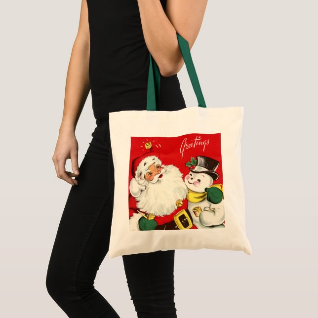 retro vintage Christmas Santa snowman Tote Bag (Front (Product))