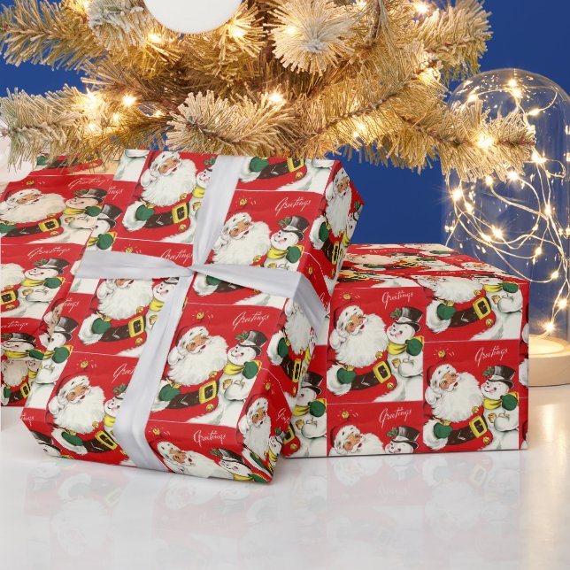 retro vintage Christmas Santa snowman Wrapping Paper (Holidays)
