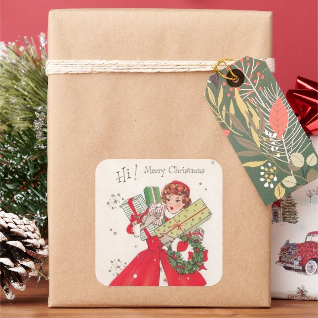 Retro vintage Christmas shopper Square Sticker (Holiday)