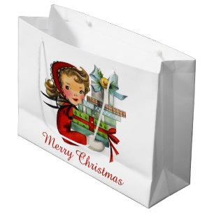 Retro vintage Christmas shopping lady add message Large Gift Bag
