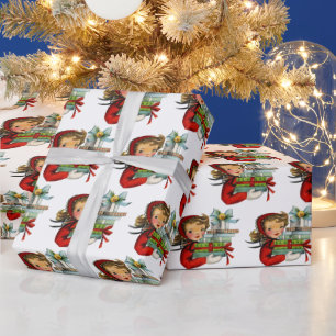 retro vintage Christmas shopping lady tiled party Wrapping Paper
