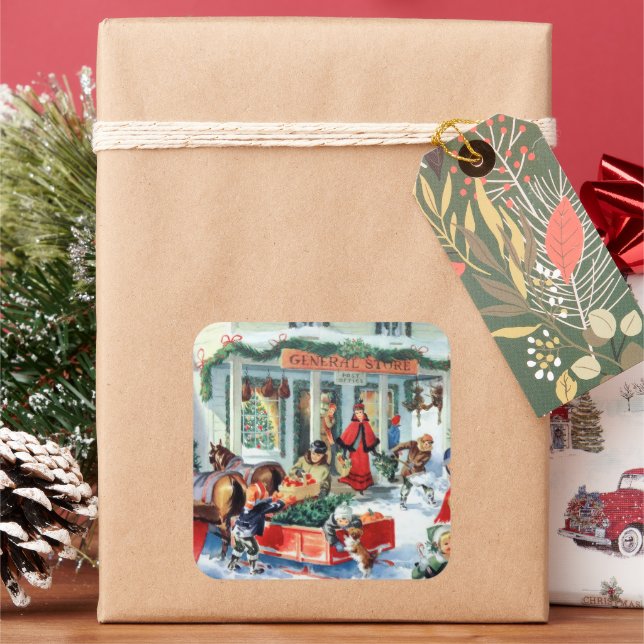 retro vintage Christmas shopping Square Sticker (Holiday)