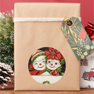 retro vintage Christmas snow couple Holiday Classic Round Sticker