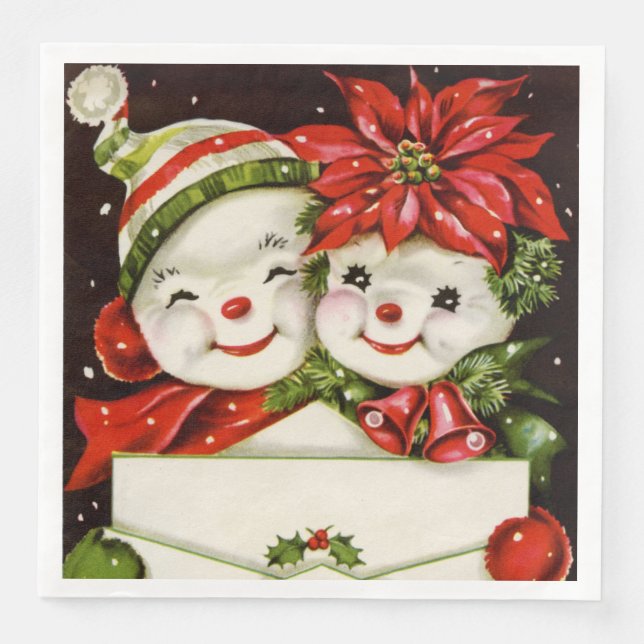 retro vintage Christmas snow couple Holiday Napkin (Front)