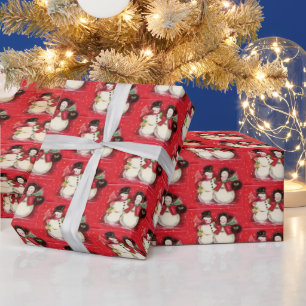 retro vintage Christmas snow couple tiled party Wrapping Paper