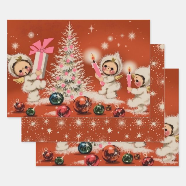 Retro Vintage Christmas Snowbabies Wrapping Paper Sheet (Set)