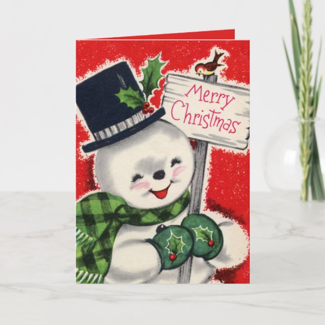 retro vintage Christmas snowman add sentiment Holiday Card (Front)