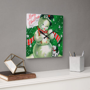 Retro vintage Christmas snowman decor Square Wall Clock