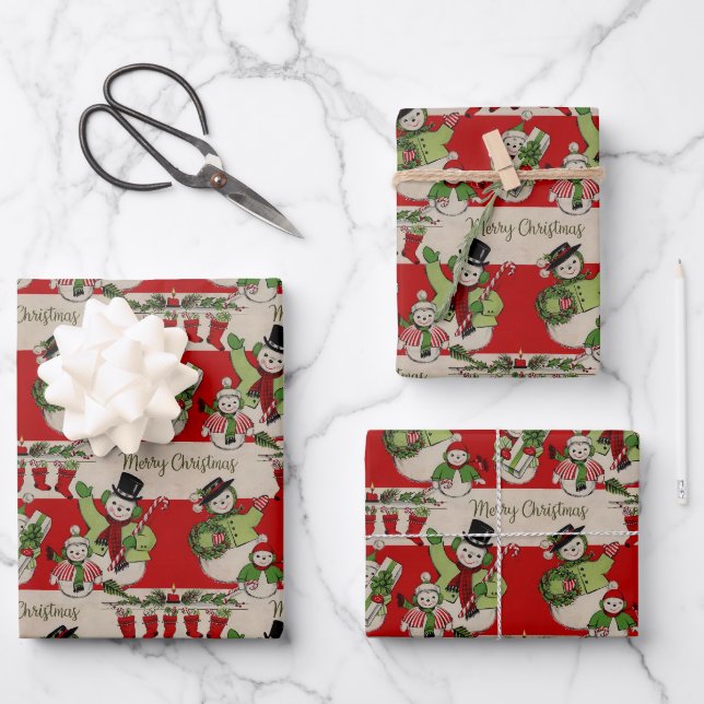 Retro Vintage Christmas: Snowman Family Wrapping Paper Sheet (Front)