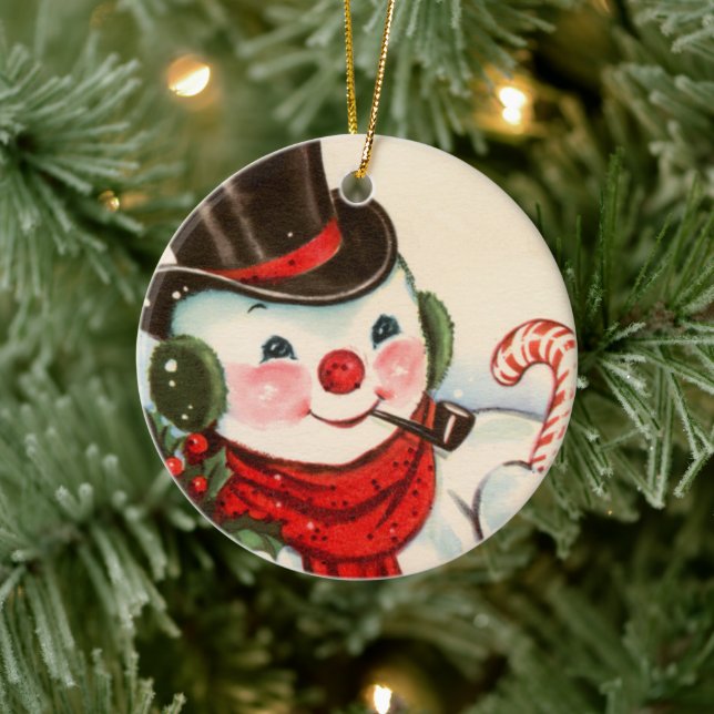 retro vintage Christmas snowman Holiday Ceramic Ornament (Tree)