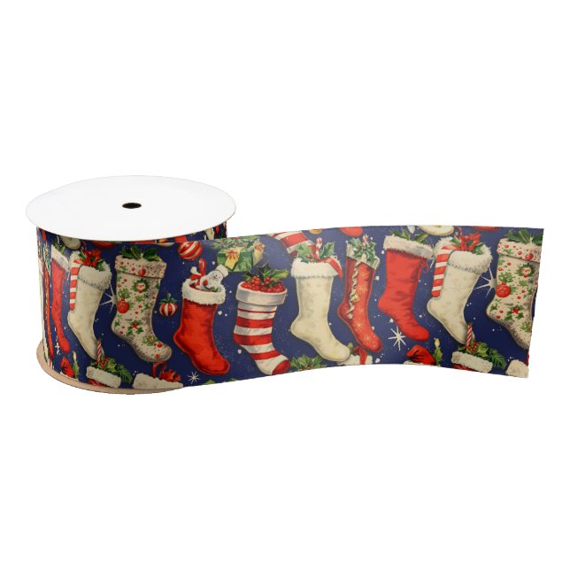 Retro Vintage Christmas Stockings Blue Satin Ribbon (Spool)
