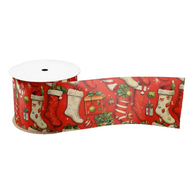 Retro Vintage Christmas Stockings Red Satin Ribbon (Spool)