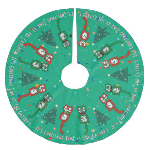 Retro Vintage Christmas Time Cat Clock Custom  Brushed Polyester Tree Skirt