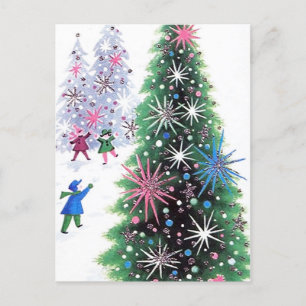 Retro Vintage Christmas tree and kids postcard