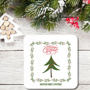Retro Vintage Christmas Tree and Wreath Minimalist Coaster
