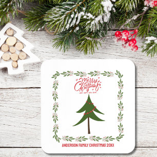Retro Vintage Christmas Tree and Wreath Minimalist Coaster