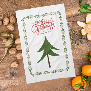 Retro Vintage Christmas Tree and Wreath Minimalist Kitchen Towel