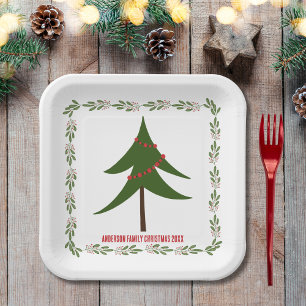 Retro Vintage Christmas Tree and Wreath Minimalist Paper Plate