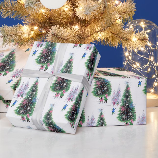 Retro Vintage Christmas tree party wrap Wrapping Paper (Holidays)