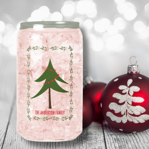 Retro Vintage Christmas Tree & Wreath Family Name Can Glass