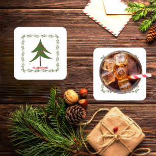 Retro Vintage Christmas Tree & Wreath Family Name Square Paper Coaster