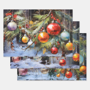 Retro Vintage Christmas Trio Style P Wrapping Paper Sheet