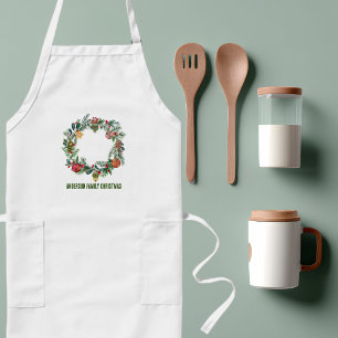 Retro Vintage Christmas Wreath Family Name Custom  Long Apron