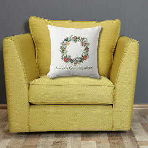 Retro Vintage Christmas Wreath Family Name Custom  Throw Pillow