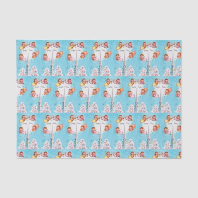 retro vintage Church and Angels party Tissue Paper (Front)