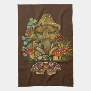 Retro Vintage colours Mushroom & Moth Art Kitchen Towel