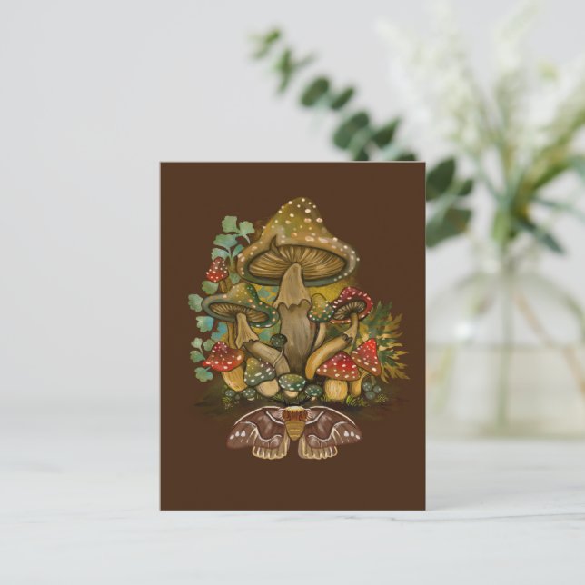 Retro Vintage colours Mushroom & Moth Art Postcard (Standing Front)