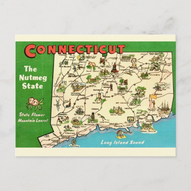 Retro, Vintage Connecticut Map Postcard (Front)