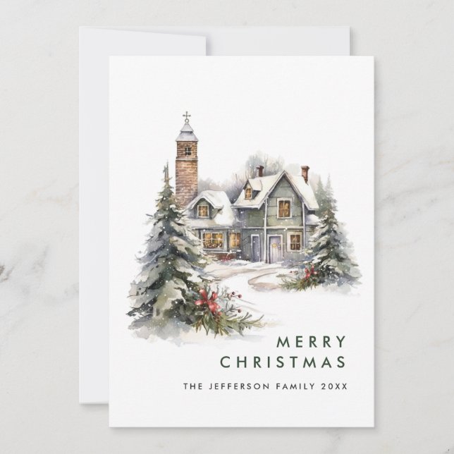 Retro Vintage Country House Christmas Tree Holiday Card (Front)