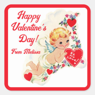 Retro Vintage Cupid Custom Happy Valentine's Day Square Sticker