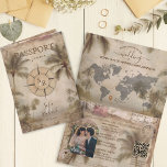 Retro Vintage Destination Wedding Passport QR Code Invitation<br><div class="desc">Retro and Vintage Palm Tree Invitation Wedding Destination, like passport. Compass monogram crest on the front page, with boho beige, ivory and blush pink flowers and pampas grass Perfect design for your summer beach wedding. Add the QR code of your wedding website</div>