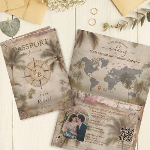 Retro Vintage Destination Wedding Passport QR Code Invitation