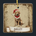Retro Vintage Dog with Red Christmas Hat Ceramic Ornament<br><div class="desc">Beautiful retro vintage illustration of a dog wearing a red Christmas hat on a retro grunge background and frame for an aged or vintage look. Design features a vintage scroll ribbon for your personalization. Customizable "my 1st Christmas with the Andersons" on the back side of this elegant, and timeless Holiday...</div>